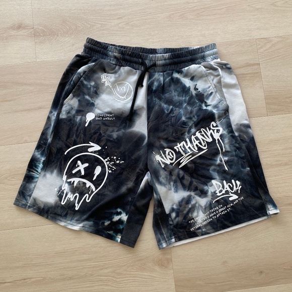 Dark Blue & White Tie-Dye Drawstring Graffiti Comfy Shorts (S) - Picture 1 of 7